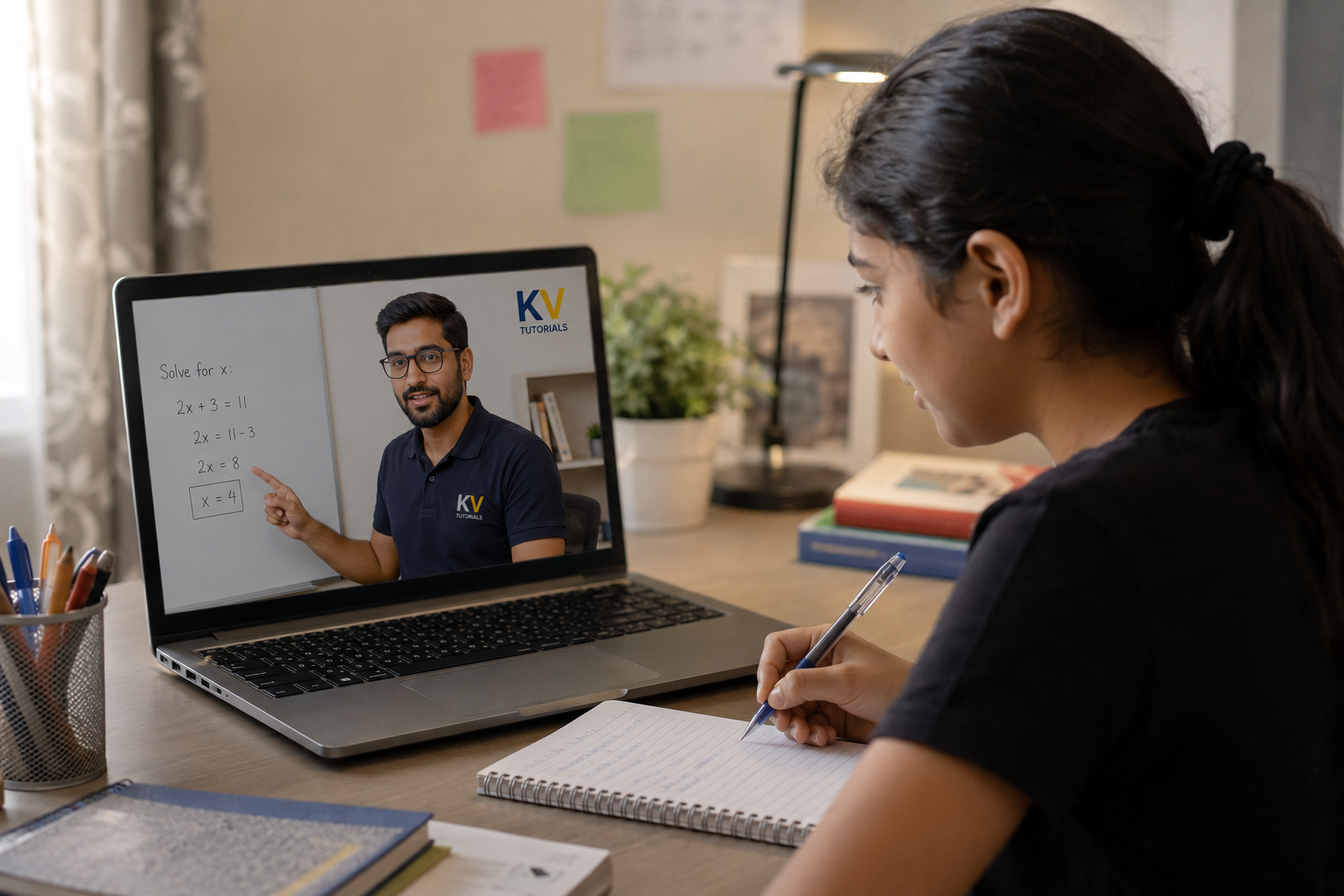 Indian student learning online with Indian teacher and KV Tutorials branding